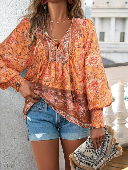 Boho Floral Peasant Blouse | Lightweight Rayon | Tie Neck Detail