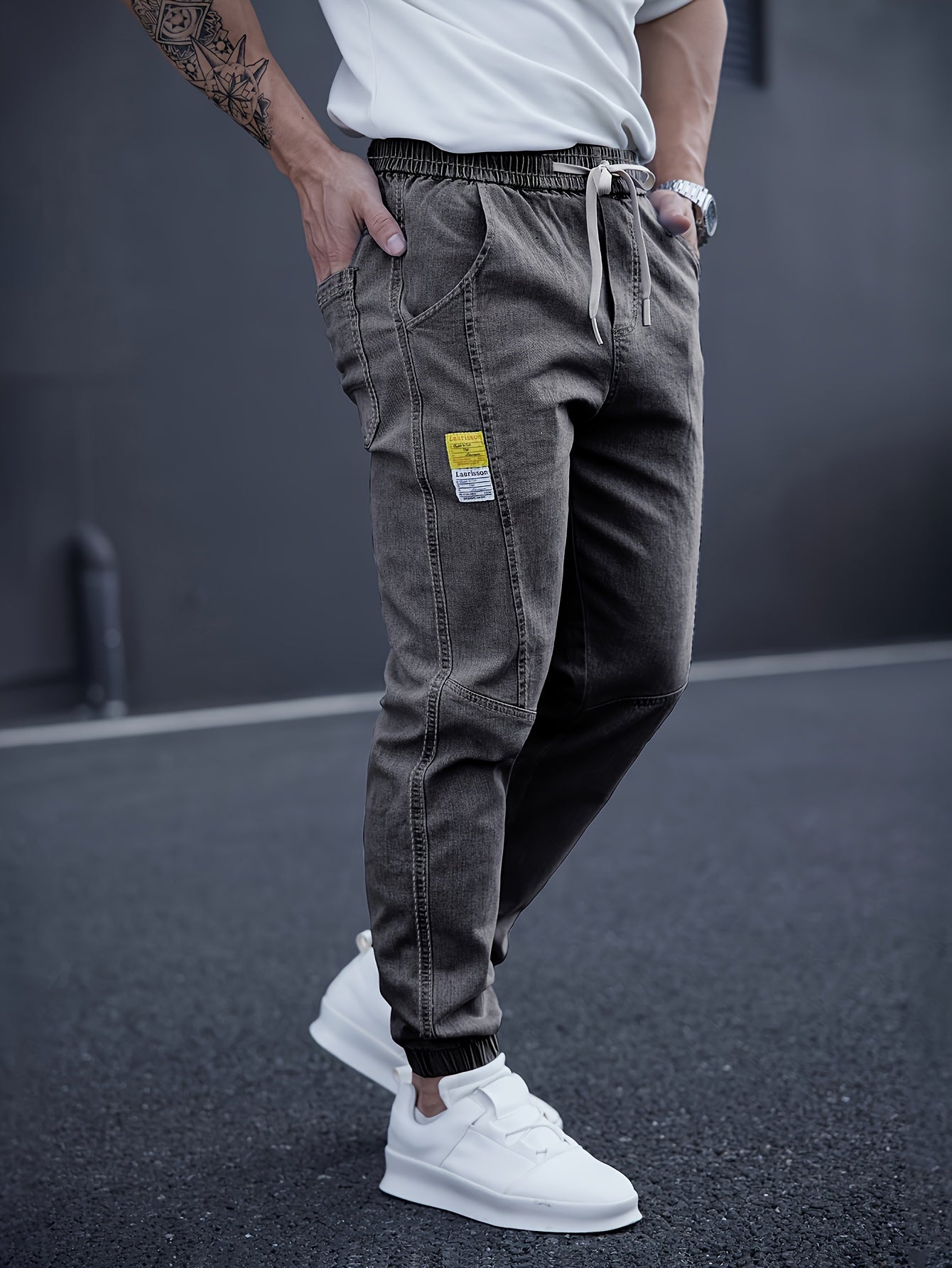 Men’s Drawstring Denim Joggers | Relaxed Fit Streetwear Jeans | Distressed Light Wash