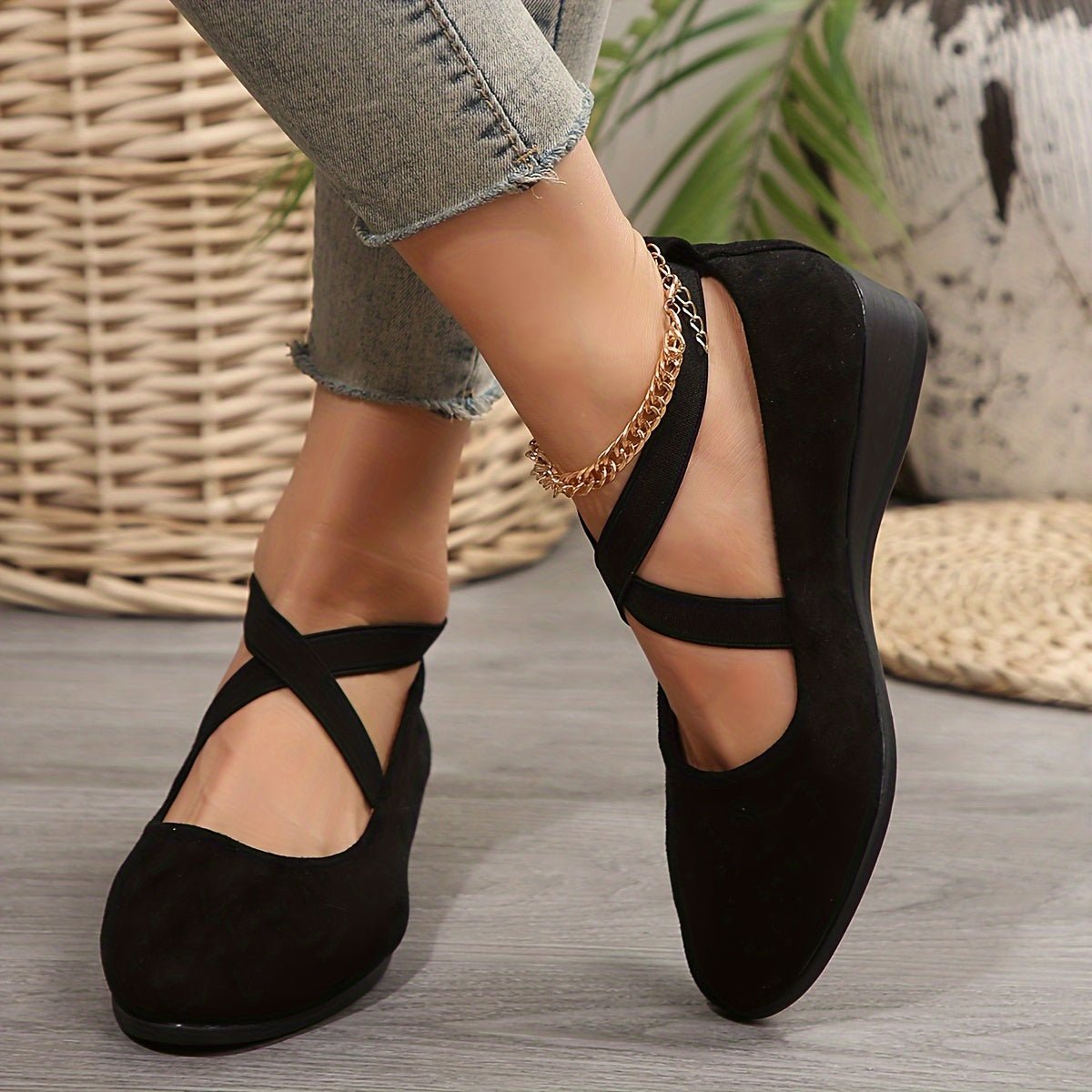 Cross-Strap Wedge Flats | Suede-Look Upper | Cushioned Hidden Heel
