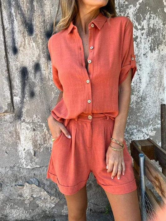 Relaxed Linen Button-Up Set | Short Sleeve Collared Top & Pleated Pants | Warm-Weather Essential