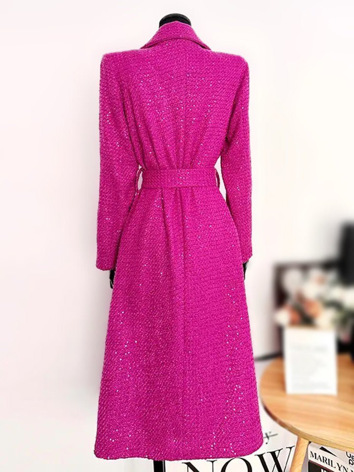 Belted Wool-Blend Coat | Longline Design | Vibrant Pink | Elegant Outerwear