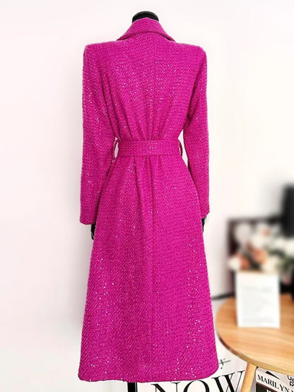 Belted Wool-Blend Coat | Longline Design | Vibrant Pink | Elegant Outerwear