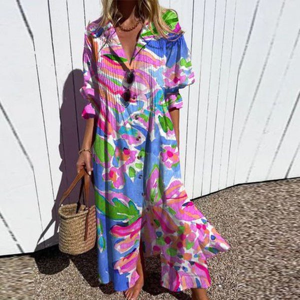 Oversized Floral Shirt Dress | Collared V-Neck | Lightweight Vacation Style