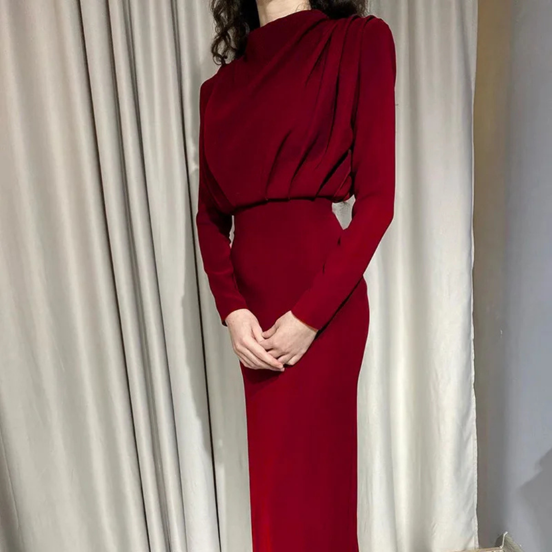 Women's Draped High Neck Maxi Dress | Elegant Long Sleeve Gown | Formal Evening Dress Canada