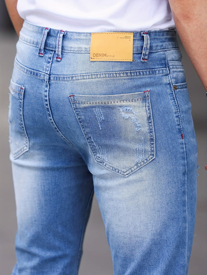 Men's Distressed Slim Fit Jeans | Light Wash Denim | Casual Ripped Jeans