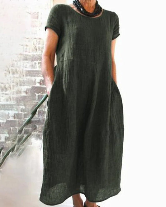 Short Sleeve Linen Midi Dress | Relaxed Fit Summer Essential with Pockets