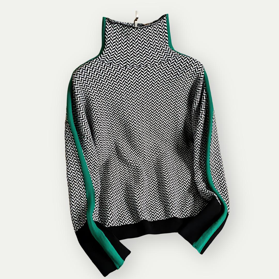 Chevron Knit Turtleneck Sweater | Contrast Striped Sleeves | Fall-Winter Pullover