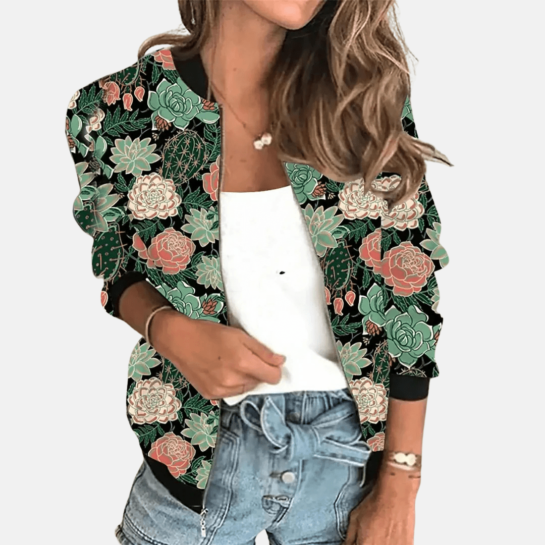 Women's Floral Bomber Jacket | Lightweight Zip-Up with Botanical Print | Casual Layer for Transitional Weather