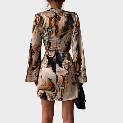 Satin Wrap Dress | Abstract Print with Long Sleeves & Side Tie | Elegant Evening Silhouette