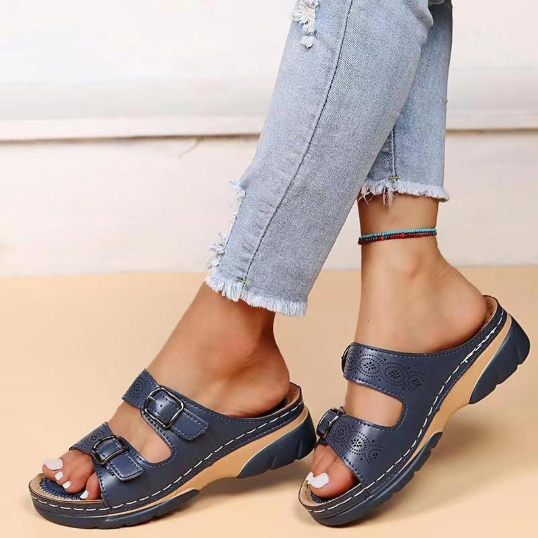 Orthotic Buckle Slide Sandals | Cutout Leather-Look Comfort Slip-Ons | Casual Summer Footwear Canada