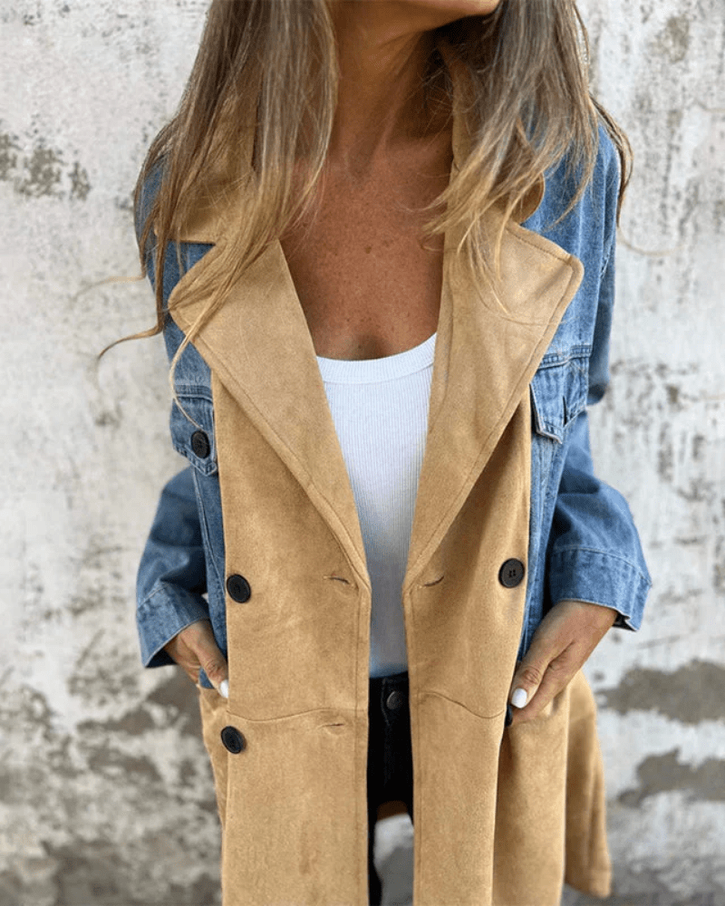Mixed-Fabric Trench Coat | Denim and Suede-Look Contrast with Button Front