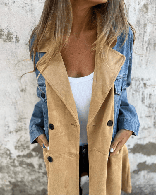 Mixed-Fabric Trench Coat | Denim and Suede-Look Contrast with Button Front