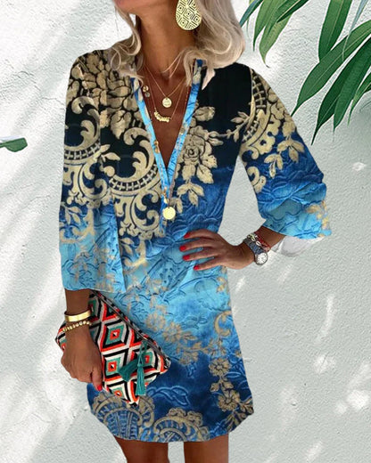 Women's Printed Tunic Dress | 3/4 Sleeve V-Neck | Casual Beach Cover-Up Dress