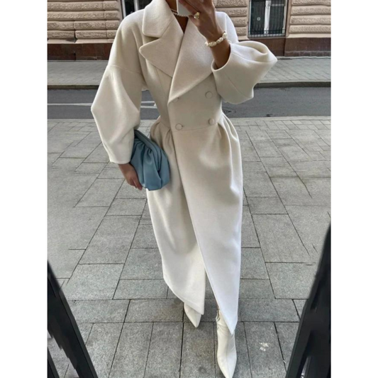 Structured Wool-Blend Maxi Coat | Double-Breasted Wrap Design | Tailored Winter Silhouette