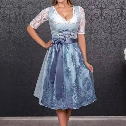 Women's Lace-Up Dirndl Dress | Bavarian-Inspired Lace Midi Dress | Oktoberfest and Special Occasion Wear