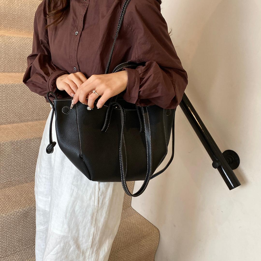 Curved Tote Bag | Dual Handle & Drawstring Detail | Structured PU Leather