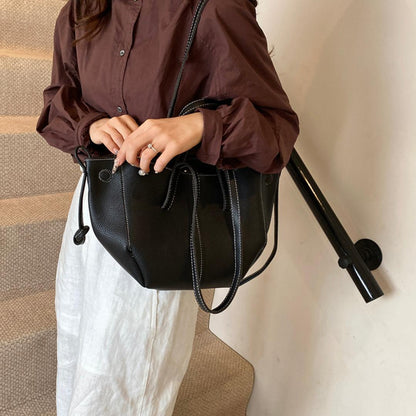 Curved Tote Bag | Dual Handle & Drawstring Detail | Structured PU Leather