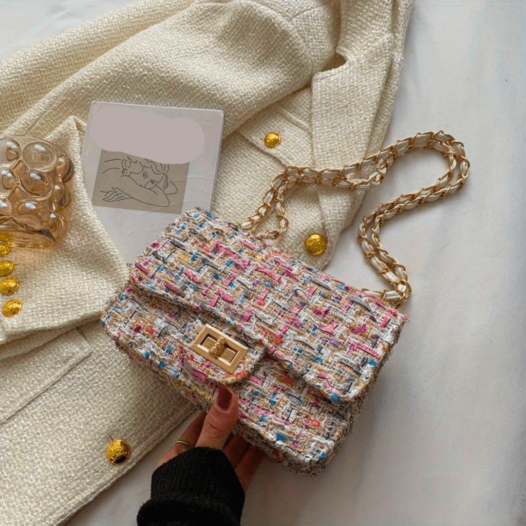 Mini Tweed Crossbody Bag | Gold Chain Strap | Textured Finish