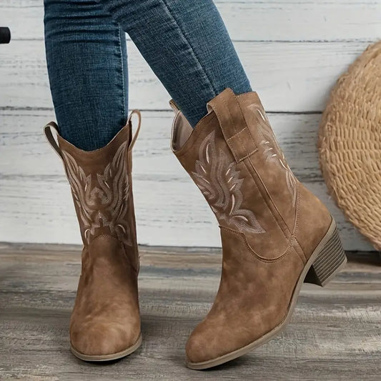 Women's Western Cowboy Boots | Embroidered Faux Suede | Mid-Calf Pull-On Boots