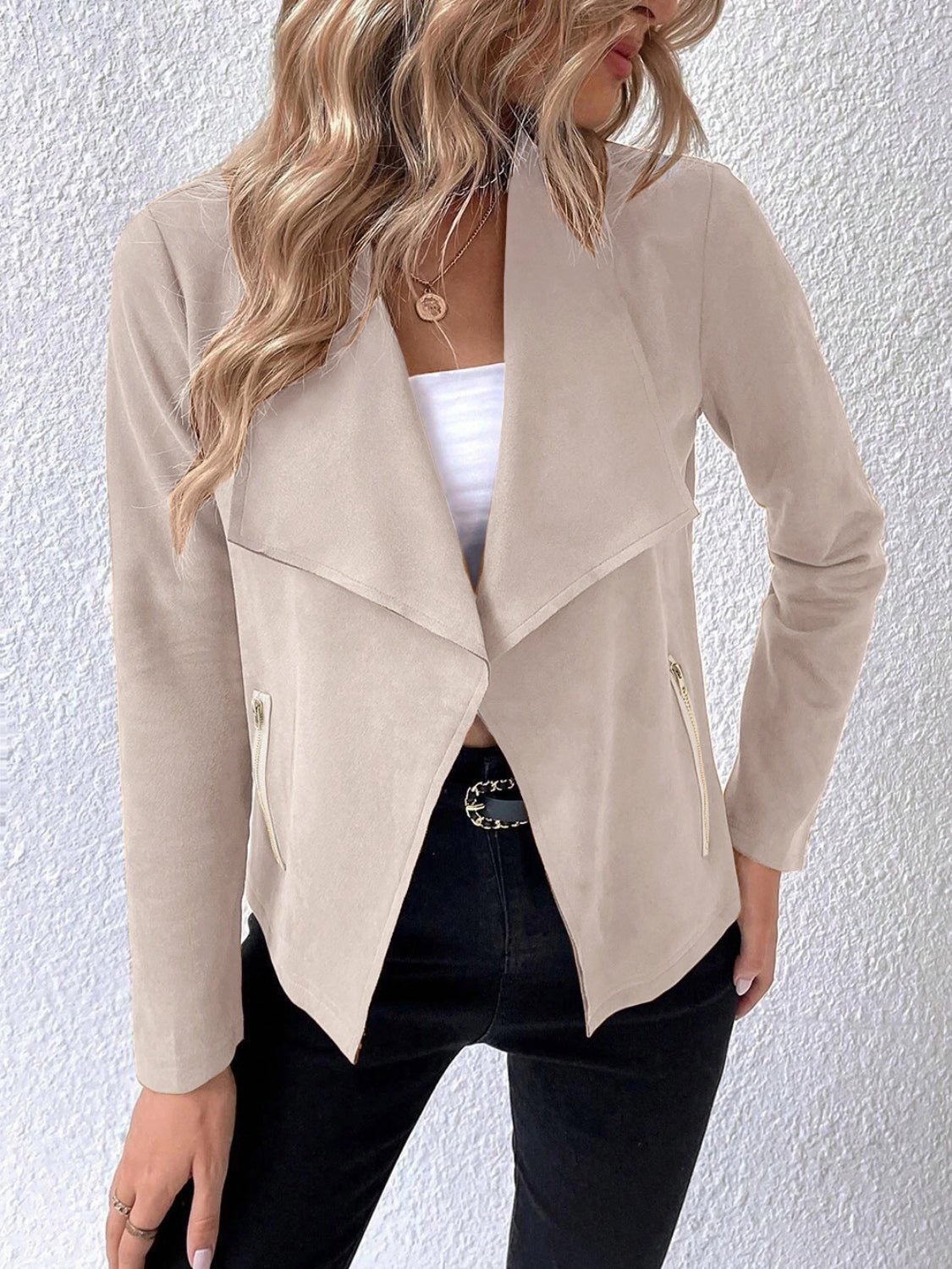 Draped Faux Suede Jacket | Lightweight & Chic | Open-Front Design | Versatile Layer