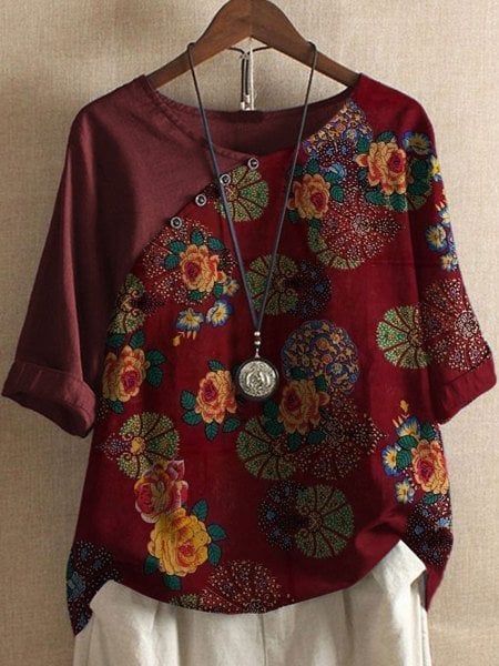 Asymmetric Floral Patchwork Tee | Relaxed Fit Linen Blend | Boho-Inspired Casual Top