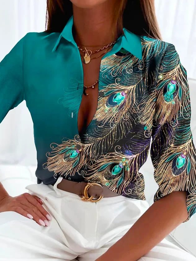 Peacock Feather Print Blouse | Satin Finish | Button Front