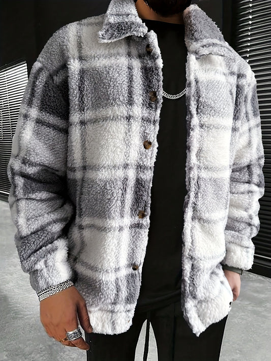 Men's Fuzzy Plaid Shacket | Button-Up Overshirt | Soft Brushed Outer Layer