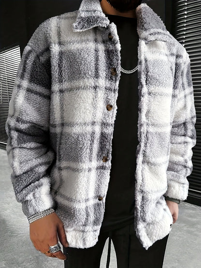 Men's Fuzzy Plaid Shacket | Button-Up Overshirt | Soft Brushed Outer Layer
