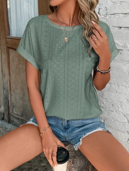 Eyelet Cotton Tee | Breathable Knit | Relaxed Fit Summer Top