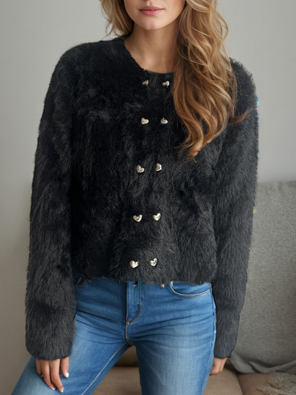 Fuzzy Button-Up Cardigan | Soft Textured Knit | Cropped Length | Casual Chic Layer