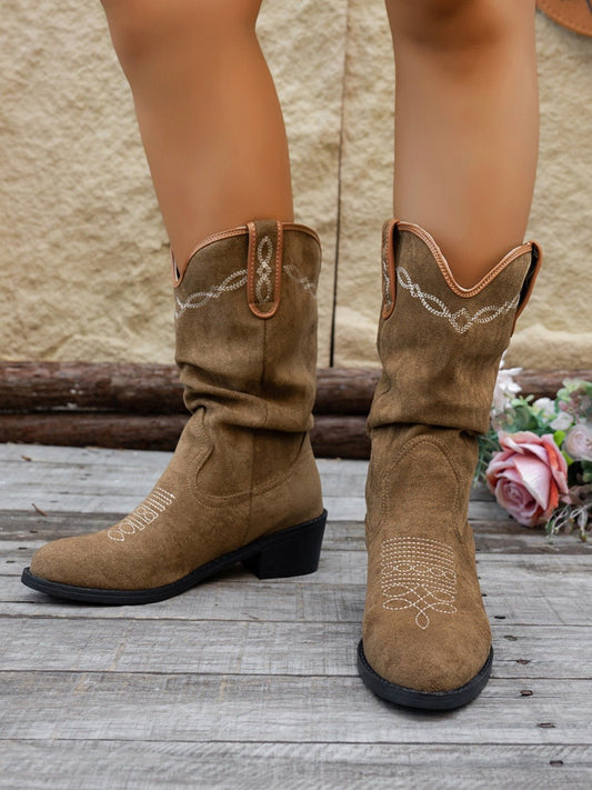 Western Cowboy Boots | Faux Leather | Mid-Calf | Rustic Style