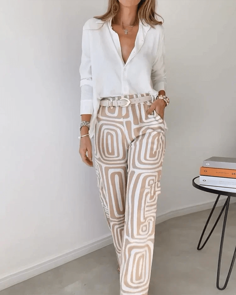Geometric Print Wide-Leg Pants Set | Stretch Comfort | Casual-Chic Look