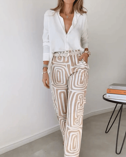 Geometric Print Wide-Leg Pants Set | Stretch Comfort | Casual-Chic Look