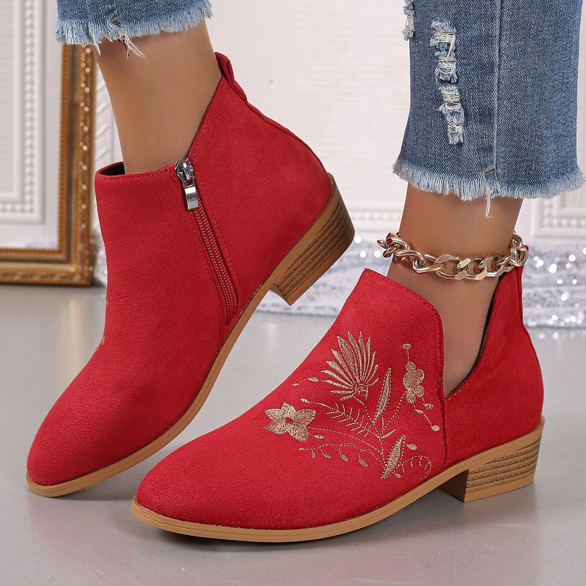 Embroidered Ankle Boots | Suede | Low Heel | Boho Chic