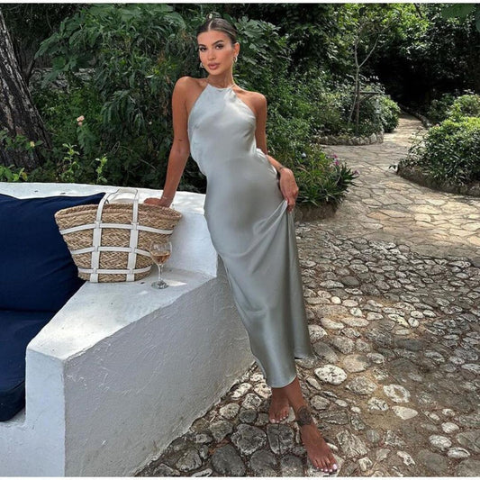 Satin Halter Slip Dress | Backless Midi | Minimal Resortwear Look