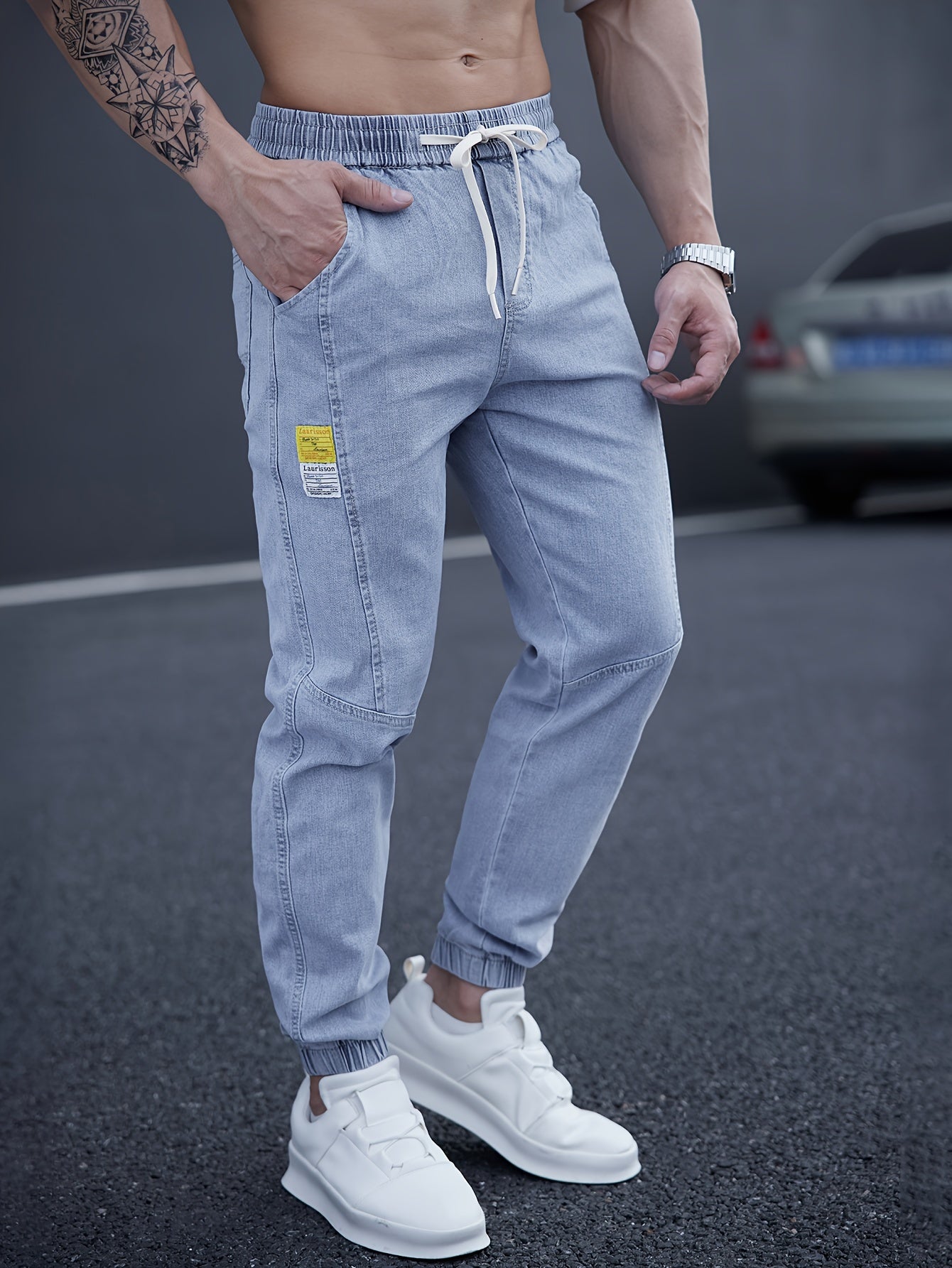 Men’s Drawstring Denim Joggers | Relaxed Fit Streetwear Jeans | Distressed Light Wash