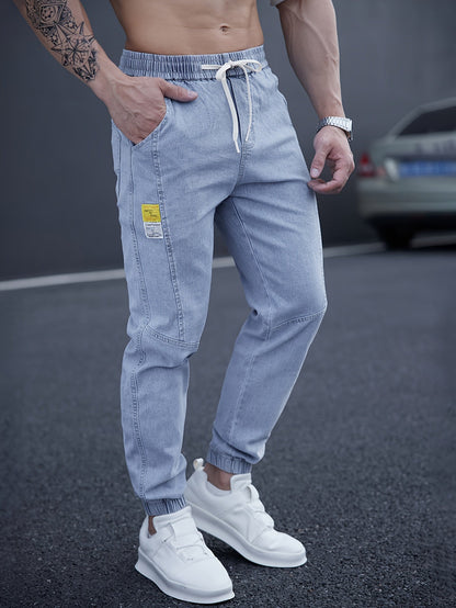 Men’s Drawstring Denim Joggers | Relaxed Fit Streetwear Jeans | Distressed Light Wash