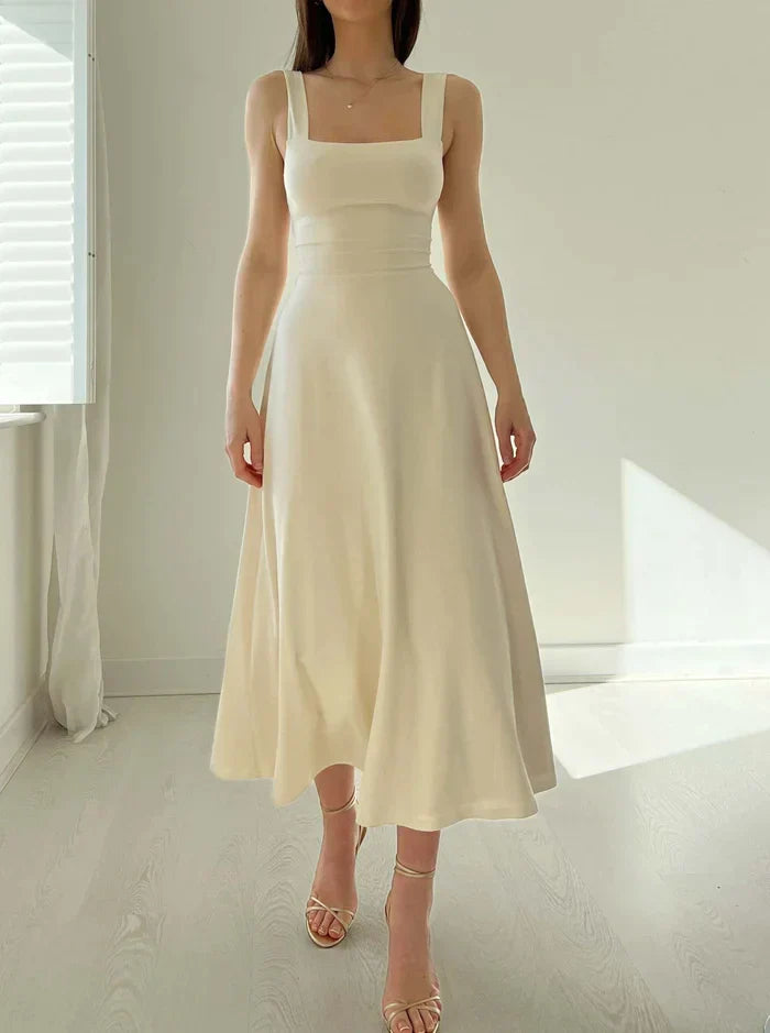 Square Neck Sleeveless Midi Dress | Fitted Bodice Flared Hem | Elegant Summer Occasion Look