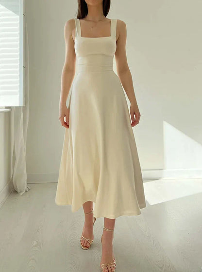 Square Neck Sleeveless Midi Dress | Fitted Bodice Flared Hem | Elegant Summer Occasion Look