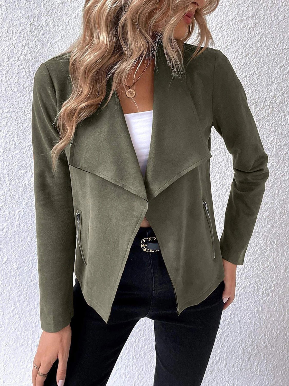 Draped Faux Suede Jacket | Lightweight & Chic | Open-Front Design | Versatile Layer