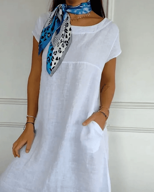 Linen Blend Cap Sleeve Dress | Minimalist A-Line | Side Pockets