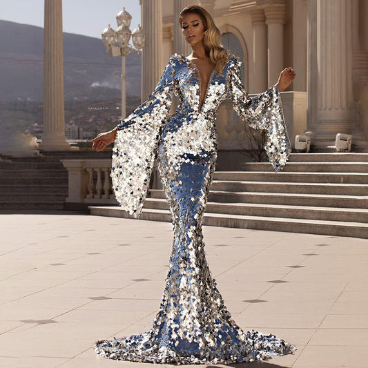 Sequinned Mermaid Gown | Bell Sleeve Detail | High-Impact Evening Wear | Formal Elegance