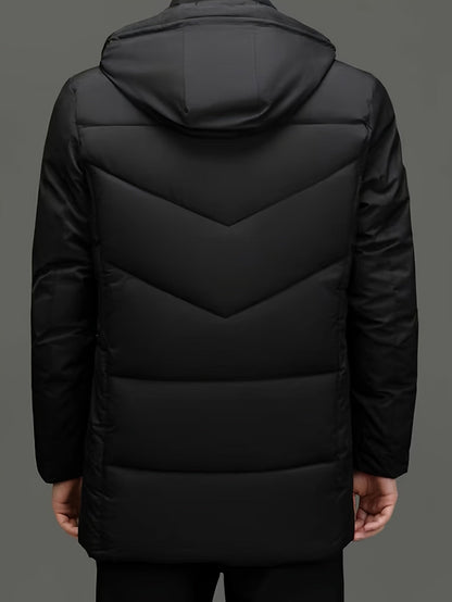 Men's Mid-Length Puffer Jacket | Removable Hood | Insulated Winter Coat