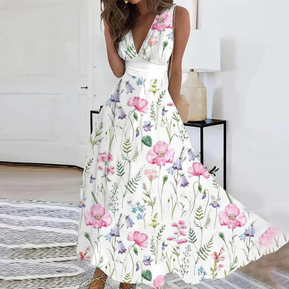 White Floral Maxi Dress | Sleeveless V-Neck | High Waist & Flowing Skirt