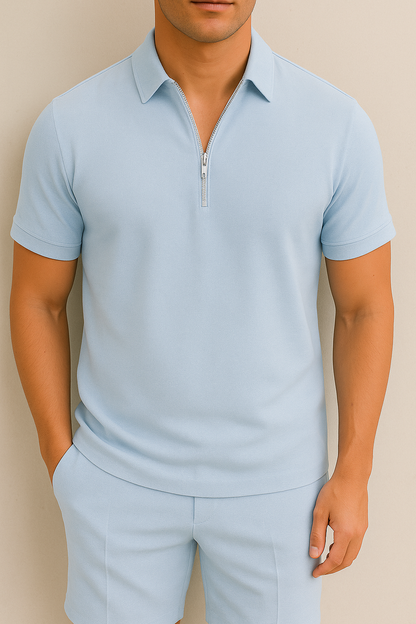 Men’s Zip Polo Knit Set | Textured Short-Sleeve Top & Lounge Shorts