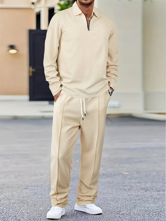 Men’s Textured Lounge Set | Quarter-Zip Pullover & Joggers | Relaxed Fit in Beige