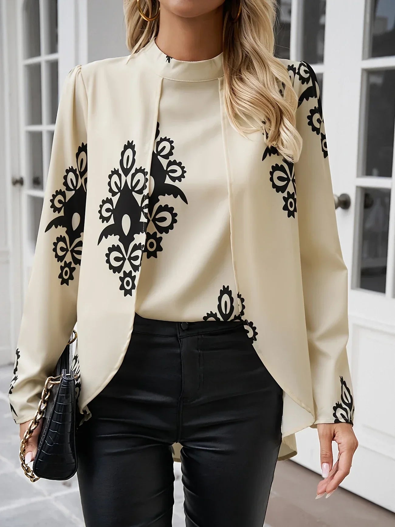 Printed Satin Blouse | Relaxed Fit | High Neck with Back Keyhole