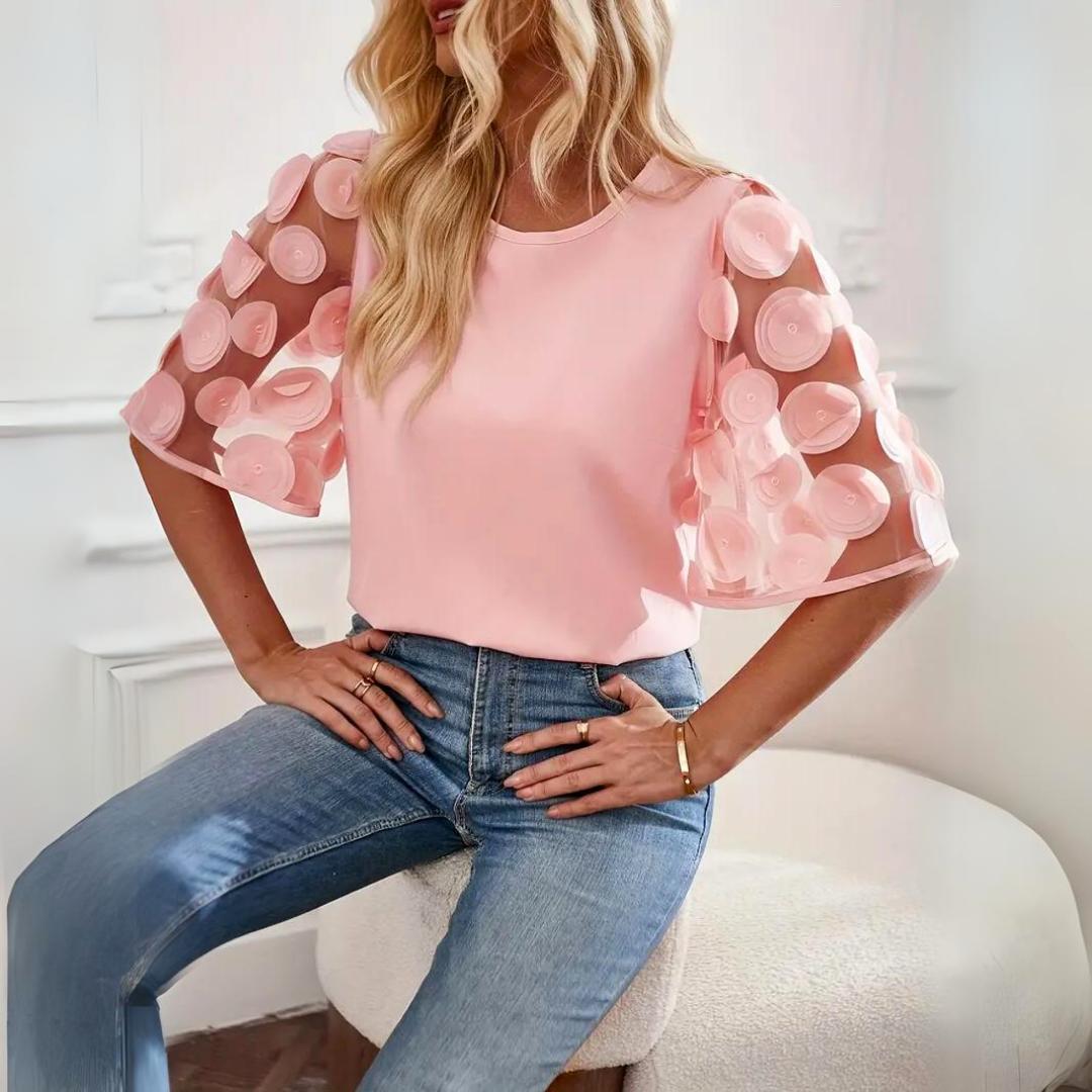 Statement Sleeve Mesh Dot Top | Lightweight Woven | Relaxed Fit