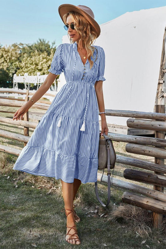 Striped Boho Midi Dress | Tassel Tie Neckline | Short Puff Sleeves