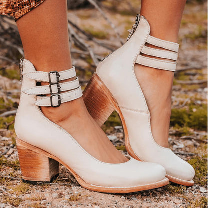 Vintage Block Heel Sandals | Triple-Strap Ankle Buckle with Stacked Heel